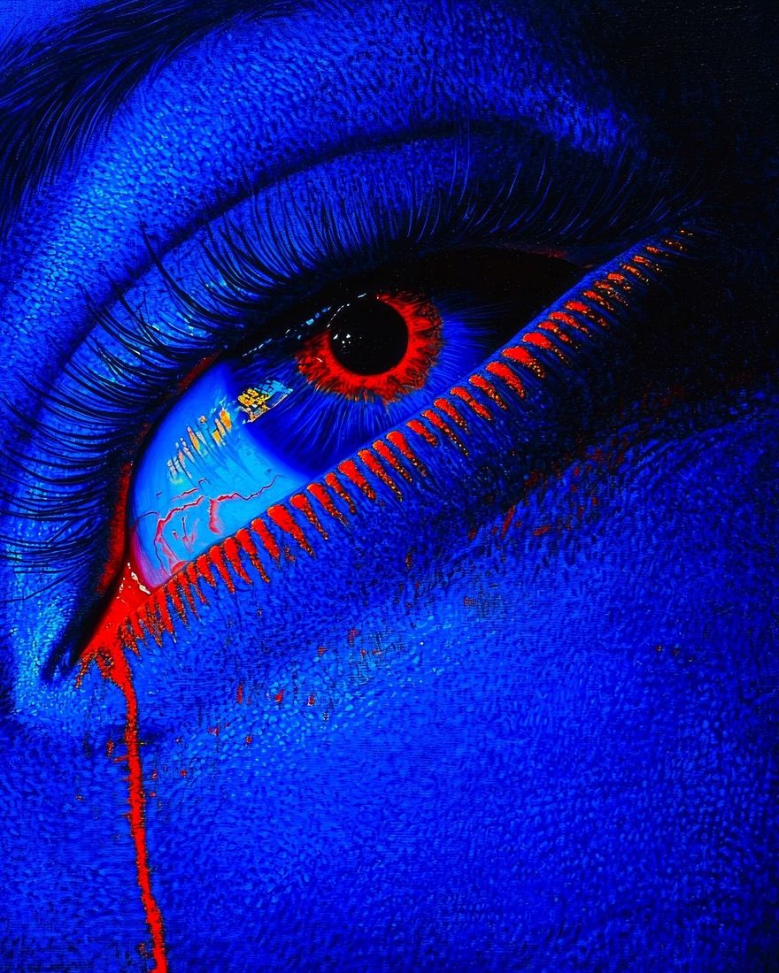 Painted eye in electric blue with crimson lashes and a red tear